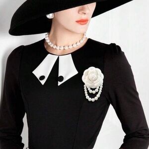 White Camelia Flower Brooch with detachable Pearls